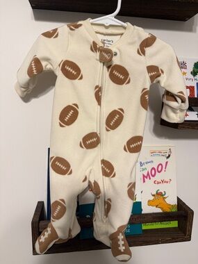 Carter's Cream and Brown Football Fleece Footed One-Piece